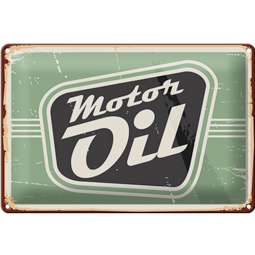 Groene retro metalen plaat met tekst “Motor Oil” en spetters, omrand met roestige rand en schroefgaten.

