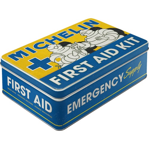 Blauw geel retro metalen EHBO-blik met "MICHELIN", “FIRST AID KIT”, “EMERGENCY SUPPLY” en “FIRST AID” opdruk en twee afbeeldingen van bibendum.