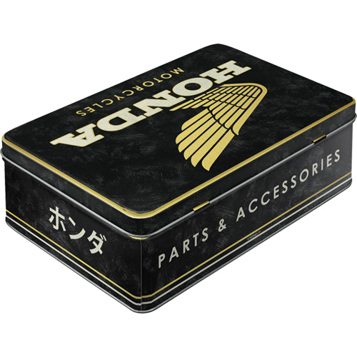Zwarte platte metalen bewaardoos met gouden logo “Honda motorcycles” en witte tekst “Parts & Accessories”, met gouden randen en Japanse karakters op zijkant.