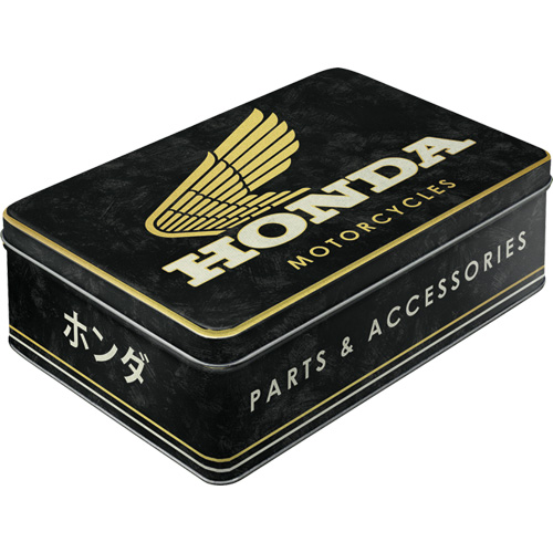 Zwarte platte metalen bewaardoos met gouden logo “Honda motorcycles” en witte tekst “Parts & Accessories” en Japanse karakters op zijkant.