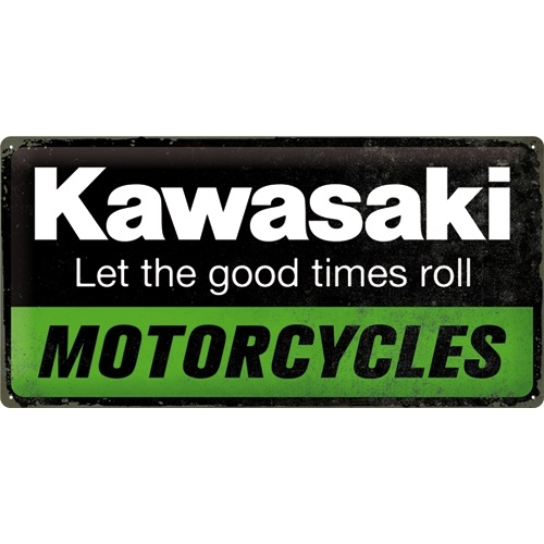 Langwerpig metalen bord met tekst “Kawasaki”, “Let the good times roll” en  “MOTORCYCLES” met zwart en groene achtergrond