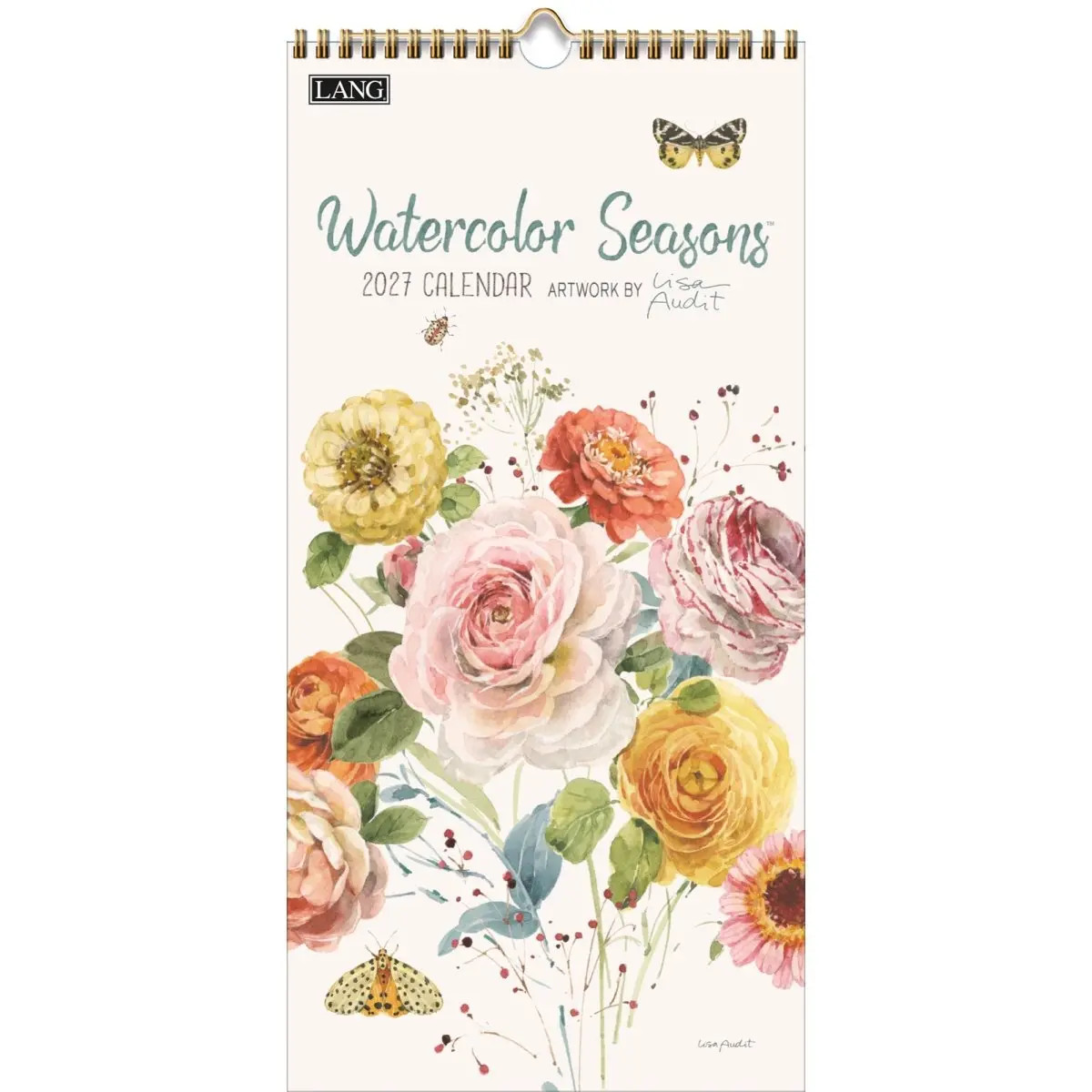 Spiraalgebonden smalle kalender met pastel bloemenillustraties, vlinders en tekst "Watercolor Seasons 2027 Calendar" en "Artwork by" en "Lisa Audit".